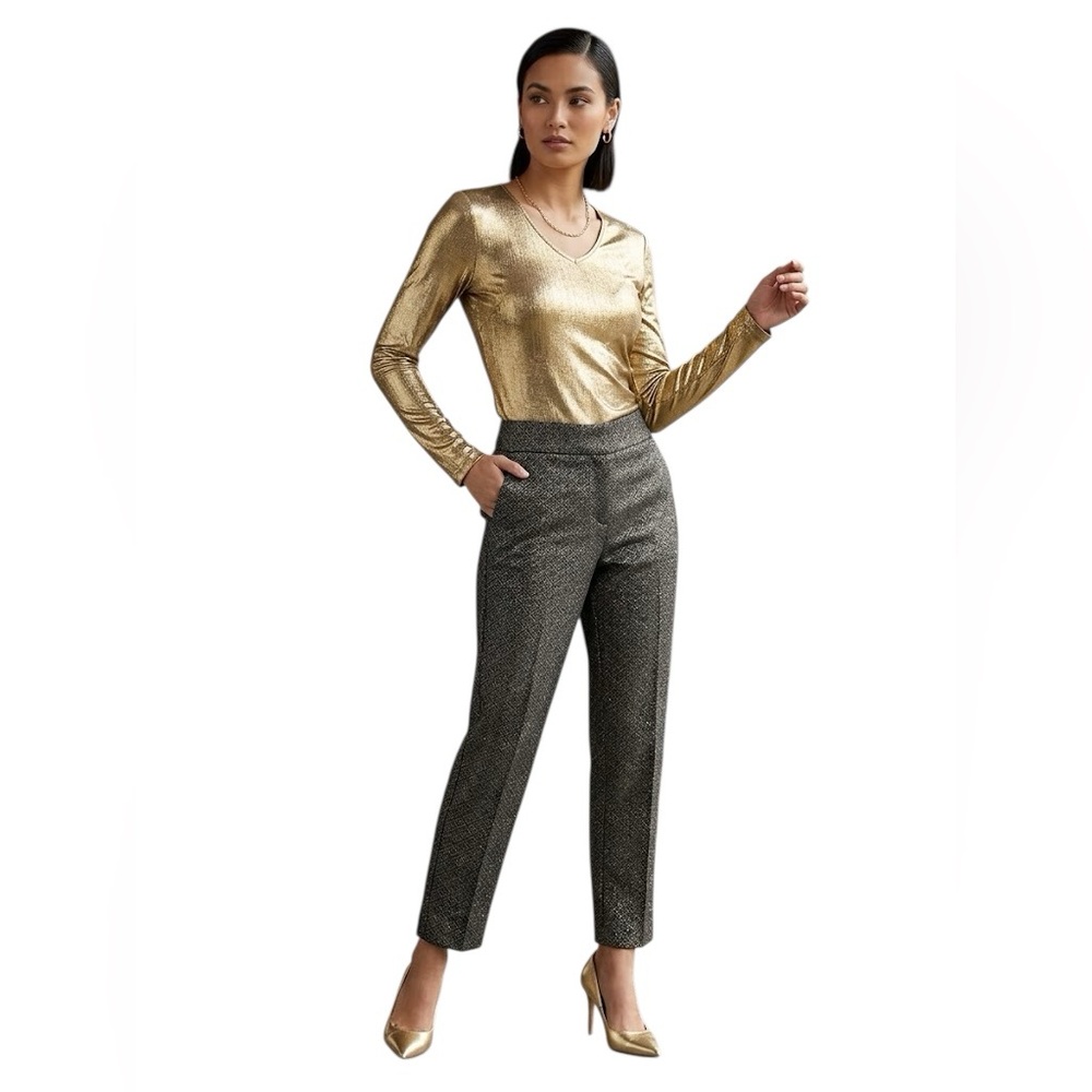 LOFT Elegant Black & Gold Metallic Brocade Tapered Dress Pants